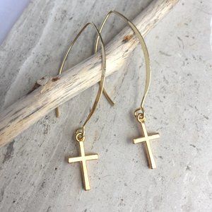 Long hook, Gold Cross Charm Earrings